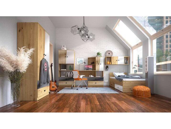 Narin Kinderzimmer-Set VI Eiche Artisan Hochglanz Weiß Hochglanz Schwarz Hochglanz von 99rooms