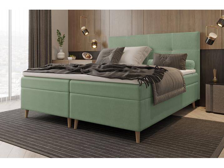 Skandie Boxspringbett Strukturstoff 140x200 cm Grün Schaum Topper 4 cm von 99rooms