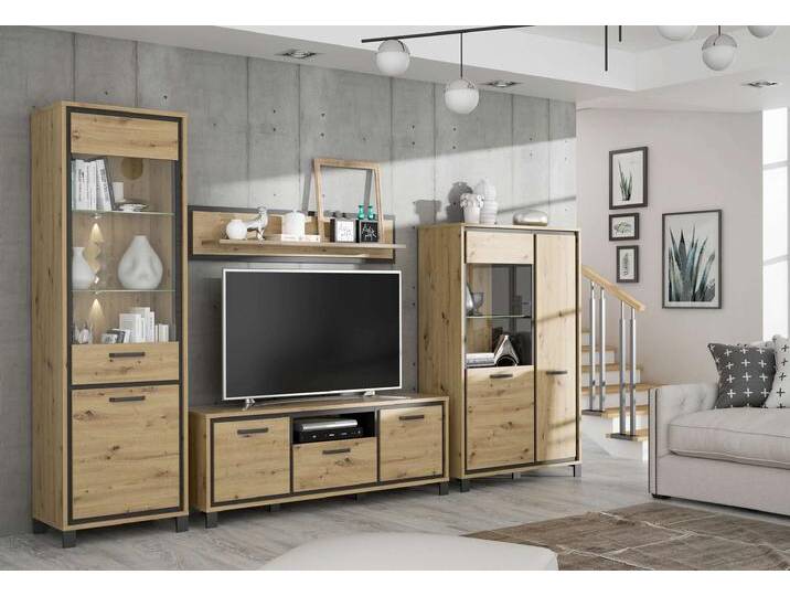 Teo Wohnwand Eiche Artisan Dekor Schwarz mit LED-Beleuchtung von 99rooms