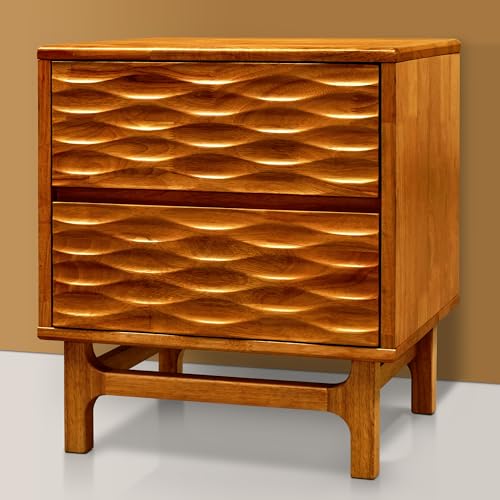 Akazie Elara Nachttisch aus Massivholz mit 2 Schubladen, moderner Nachttisch aus der Mitte des Jahrhunderts, Karamell-Finish, kompakte Größe für Schlafzimmer oder Wohnzimmer, einfache Montage von A ACACIA FURNITURE