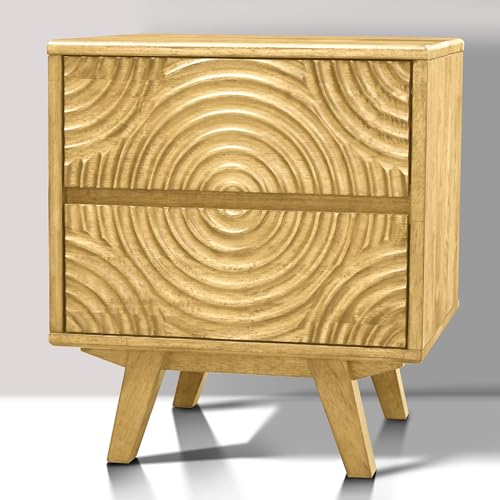 Akazie Harmony Massivholz Nachttisch mit 2 Schubladen - Mid Century Moderner Nachttisch mit geschnitzter Front, Vintage Eichen-Finish, Beistelltisch für Schlafzimmer oder Wohnzimmer, einfache Montage von A ACACIA FURNITURE