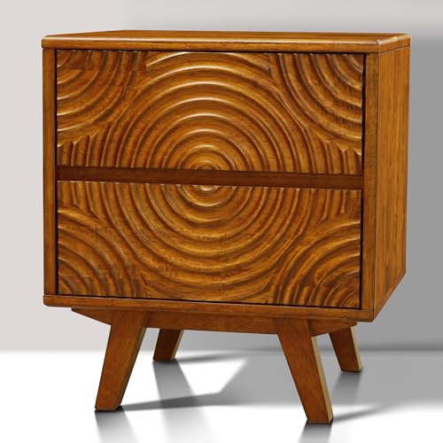 Akazie Harmony Massivholz Nachttisch mit 2 Schubladen - Mid Century Moderner Nachttisch mit geschnitzter Front, Vintage Karamell-Finish, Beistelltisch für Schlafzimmer oder Wohnzimmer, einfache von A ACACIA FURNITURE