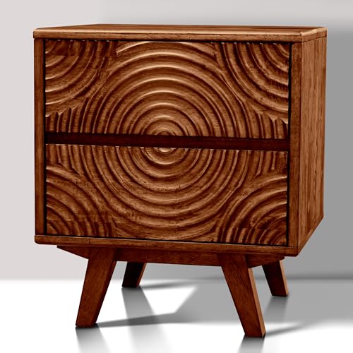 Akazie Harmony Massivholz Nachttisch mit 2 Schubladen - Mid Century Moderner Nachttisch mit geschnitzter Vorderseite, Vintage Walnussholz-Finish, Beistelltisch für Schlafzimmer oder Wohnzimmer von A ACACIA FURNITURE