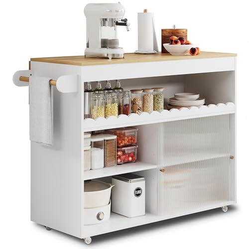 A ALFRESCOOL 122 x 46(69) x 91cm, Klappbarer Kücheninselwagen, Arbeitsplatte aus Eichenholzfurnier, Schiebetüren aus Gehärtetem Glas, Verstellbare Einlegeböden, Großer Kücheninselwagen (Grau) von A ALFRESCOOL