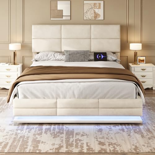 A ALFRESCOOL 140 x 200cm Bettgestell aus weichem Samt mit USB Type C Ladefunktion und LED Beleuchtung, Hydrauliksystem Stauraum Bettgestell aus Samtmaterial Jugendbett mit Lattenrost, Beige von A ALFRESCOOL