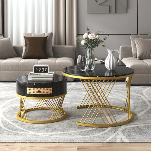 A ALFRESCOOL 2 in 1 Runder Couchtisch aus MDF, Beistelltisch mit Tischplatte aus Marmor und Schubladen aus Kunststoff-Rattan, Griffe aus Massivholz. goldene Eisenfüße. 70 * 70 * 45,5+50 * 50 * 38,5cm A ALFRESCOOL 2 in 1 Runder Couchtisch aus MDF, Beistelltisch mit Tischplatte aus Marmor und Schubladen aus Kunststoff-Rattan, Griffe aus Massivholz. goldene Eisenfüße. 70 * 70 * 45,5+50 * 50 * 38,5cm von A ALFRESCOOL