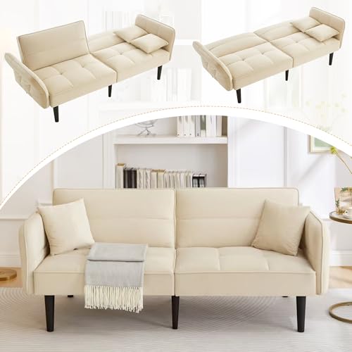 A ALFRESCOOL 2-in-1 Verstellbares Schlafsofa – Zweisitzer mit Samtbezug, 176x78x76 cm klappbaren Armlehnen & Schlaffunktion,fürWohnzimmer/Schlafzimmer/Gästezimmer, Beige von A ALFRESCOOL