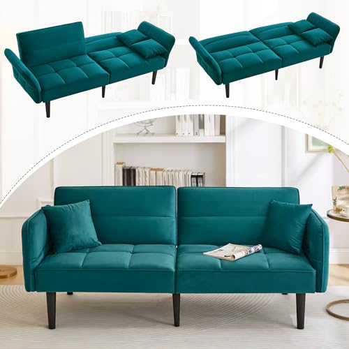 A ALFRESCOOL 2-in-1 Verstellbares Schlafsofa – Zweisitzer mit Samtbezug, 176x78x76 cm klappbaren Armlehnen & Schlaffunktion,fürWohnzimmer/Schlafzimmer/Gästezimmer, Grün von A ALFRESCOOL