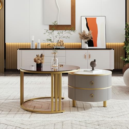 A ALFRESCOOL 2-in-1 runder MDF-Couchtisch, Beistelltisch mit 1 Hochglanz-Tischplatte und 1 brauner Tischplatte aus gehärtetem Glas, Wohnzimmer-Couchtischkombination mit 2 Schubladen von A ALFRESCOOL