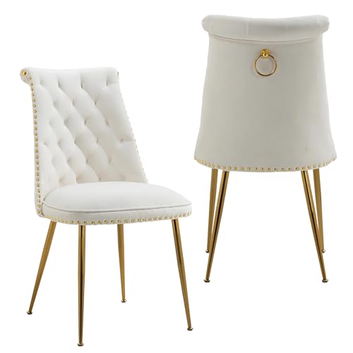 A ALFRESCOOL 2er Set Esszimmerstühle, Gepolsterter Stühle Esszimmer aus Samtstoff, Küchenstuhl mit Rückenlehne, Armloser Essstühle mit Ziersteppung, für Esszimmer, Wohnzimmerstühle -Beige von A ALFRESCOOL