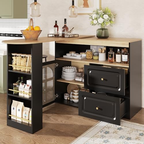 A ALFRESCOOL 360° Drehbare Essbar, bartisch, Bartisch Küche mit 5 Ablageflächen, Drehbarer Sideboardschrank mit Regalen und Bogenglas für Schlafzimmer, Wohnzimmer, Esszimmer, Schwarz von A ALFRESCOOL