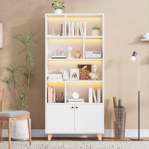 A ALFRESCOOL 80x30x174cmBücherregal, Beine aus Massivholz, mehrere Ablagefächer, Doppeltüren, LED-Farbwechsel-Ambientelicht, Fernbedienung, einfache Form, weiß von A ALFRESCOOL