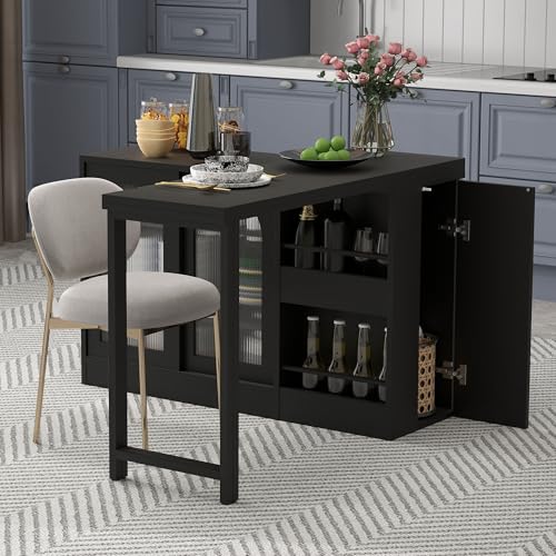 A ALFRESCOOL Ausziehbarer Bartisch, 360° Drehbare Bartisch, Sideboard, Reversibel Tisch Sideboard Bar mit Glasschranktür Stauraum, Bar Tisch für Küche Kaffeebar Möbel, 121.5×40×76.7cm (Schwarz) von A ALFRESCOOL