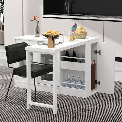 A ALFRESCOOL Ausziehbarer Bartisch, 360° Drehbare Bartisch, Sideboard, Reversibel Tisch Sideboard Bar mit Glasschranktür Stauraum, Bar Tisch für Küche Kaffeebar Möbel, 121.5×40×76.7cm (Weiß) von A ALFRESCOOL