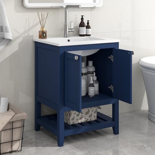 A ALFRESCOOL Badmöbel Einzel Waschtisch mit Unterschrank 60cm mit Keramik-Waschbecken,blau von A ALFRESCOOL