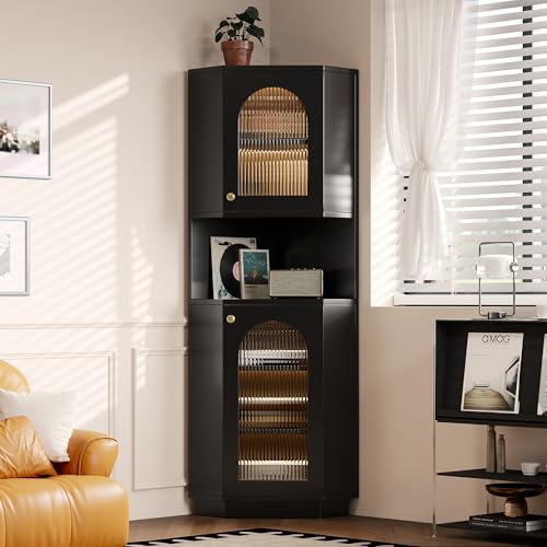 A ALFRESCOOL Badschrank mit Lichtleiste, Badmöbel, Eckschrank mit Zwei Ablagefächern, Offenes Fach mit Verstellbaren Einlegeböden, 45x 45 x 166,5 cm, Schwarz von A ALFRESCOOL