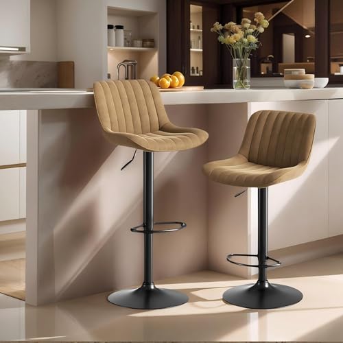 A ALFRESCOOL Barhocker 2er Set, Barhocker, Bar Stool, Drehstühle, Samtbezogen mit lehne, Höhenverstellbar, 360°-Schwenkfunktion, für Küche/Wohnzimmer/Bar/Esszimmer, 47 * 46 * 87cm (Braun) von A ALFRESCOOL