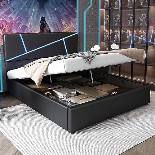 A ALFRESCOOL Bequemes Polsterbett mit LED-Lichtleisten,90 * 200 cm, Doppelbett mit Lattenrost, Rückenlehne, hydraulisches Funktionsbett, Synthetisches Leder, Schwarz von A ALFRESCOOL