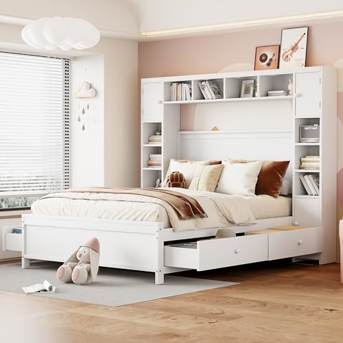 A ALFRESCOOL Bettgestell mit Stauraum, mit 4 Schubladen und Großem Stauschrank, Doppelbett aus Massivholz mit Lattenrost, 140 * 200 (Weiß) von A ALFRESCOOL