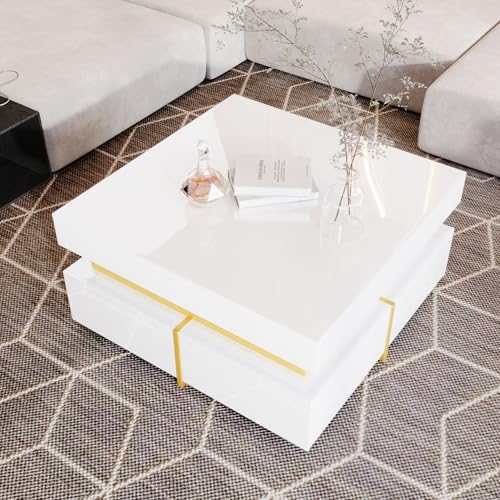 A ALFRESCOOL Couchtisch, Hochglanz, Wohnzimmertisch mit 2 Schubladen und goldenen Akzenten, Kaffeetisch für Wohnzimmer, 70x70x35.5 cm (Weiß) von A ALFRESCOOL