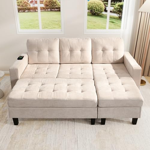 A ALFRESCOOL Ecksofa Sofa L-Form mit Schlaffunktion, Schlafsofa, Cloud Sofa, Modulares Sofabett, Wohnzimmer-Sofagruppe: Mit Extra Großer Beweglicher Fußbank + LED-Ambiente-Beleuchtung (Beige) von A ALFRESCOOL