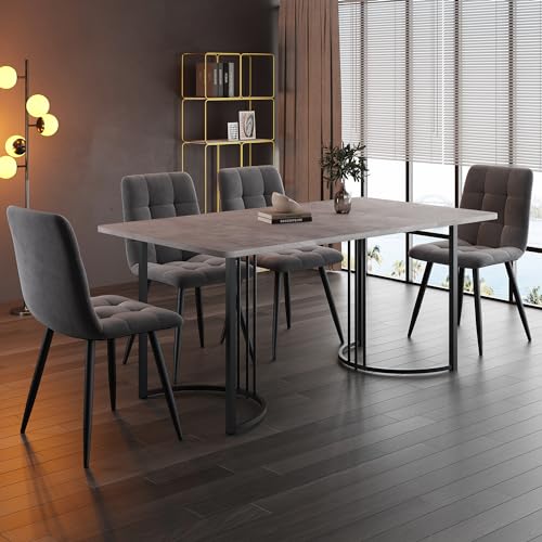 A ALFRESCOOL Essgruppe (5-TLG),Esstisch mit 4 Stühlen Set, Moderner Küchentisch Set, 140×80cm Küchentisch mit Schwarz Metallbeinen, MDF Tischplatte in Grau,Dunkelgrau Samt Esszimmerstühle von A ALFRESCOOL