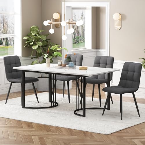 A ALFRESCOOL Essgruppe (5-TLG),Esstisch mit 4 Stühlen Set, Moderner Küchentisch Set, 140×80cm Küchentisch mit Schwarz Metallbeinen, MDF Tischplatte in Weißer,Dunkelgrau Leinen Esszimmerstühle von A ALFRESCOOL