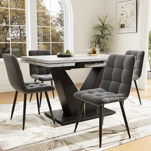 A ALFRESCOOL Esstisch-Set (5 Teile), Esstisch-Set mit 4 Stühlen, Modernes Küchentisch-Set mit Ausziehbarer Tischplatte, Weiß Marmorierte Tischplatte, Graue Samt-Esszimmerstühle von A ALFRESCOOL