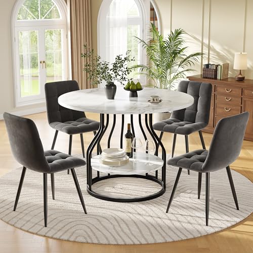 A ALFRESCOOL Esstisch-Set (5-teilig), Esstisch-Set mit 4 Stühlen, Küchen-Esstisch-Set, Runder Küchentisch mit Durchmesser 80cm, Schwarze Metallbeine, Samt-Esszimmerstühle (Graue) von A ALFRESCOOL