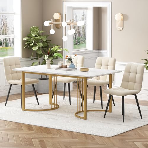 A ALFRESCOOL Esstisch mit 4 stühlen, Moderner Küchentisch Set, 140×80cm Küchentisch mit Golden Metallbeinen, MDF Tischplatte in Weißer,Beige Samt Esszimmerstühle von A ALFRESCOOL