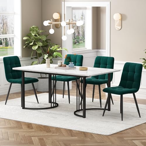 A ALFRESCOOL Esstisch mit 4 stühlen, Moderner Küchentisch Set, 140×80cm Küchentisch mit Schwarz Metallbeinen, MDF Tischplatte in Weißer,Dunkelgrün Samt Esszimmerstühle von A ALFRESCOOL