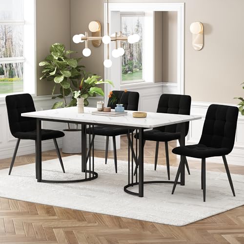 A ALFRESCOOL Esstisch mit 4 stühlen, Moderner Küchentisch Set, 140×80cm Küchentisch mit Schwarz Metallbeinen, MDF Tischplatte in Weißer,Schwarz Samt Esszimmerstühle von A ALFRESCOOL