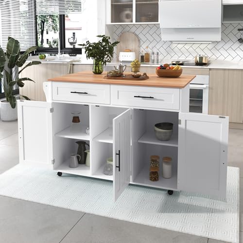 A ALFRESCOOL Esstischwagen/Anrichte mit Klapptischplatte, Lnneneinlegeböden in Den Schranktüren, Kücheninsel auf 5 Rädern mit Stauschränken und 2 Schubladen, für Esszimmer, 129 * 46 * 91.5cm (Weiß) von A ALFRESCOOL