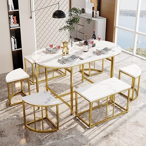 A ALFRESCOOL Esszimmertisch-Set mit sechs Stühlen,Essgruppe mit weißen MDF-Sitzkissen und vergoldeten Eisenrahmen,Moderne Luxustische und -stühle von A ALFRESCOOL
