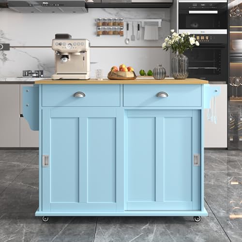 A ALFRESCOOL Esszimmerwagen Sideboard, 112x70x94 cm, Klappbare Arbeitsplatte in Massivholzoptik mit Stauraumtüren, Rollen und Austauschbaren Massivholzfüßen für Küchen und Esszimmer Blau von A ALFRESCOOL