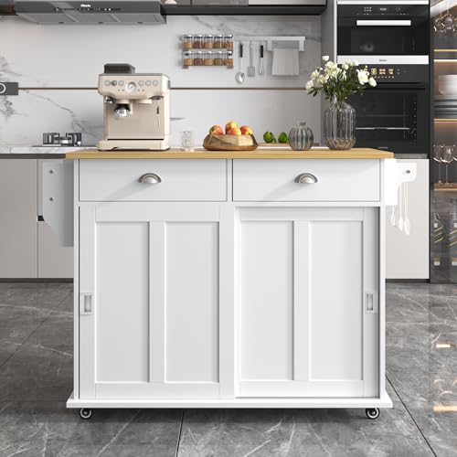 A ALFRESCOOL Esszimmerwagen Sideboard, 112x70x94 cm, Klappbare Arbeitsplatte in Massivholzoptik mit Stauraumtüren, Rollen und Austauschbaren Massivholzfüßen für Küchen und Esszimmer Weiß von A ALFRESCOOL