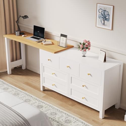 A ALFRESCOOL Faltbarer Schreibtisch, Schreibtisch mit Schubladen, L-förmiger Eckschreibtische, Frisiertische, Kommode -2-in-1 Drehwerkbank, 360° Drehbare Tischplatte, 120×40×70cm (Weiß+Eiche) von A ALFRESCOOL
