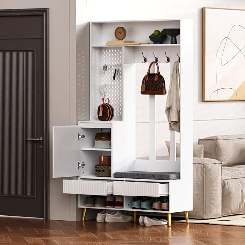 A ALFRESCOOL Garderoben-Set, Wandgarderobe, Flurgarderobe Set mit Schuhbank, Garderoben Set mit 4 Kleiderhaken, Zwei Schubladen und 1 Türen, 100 Lx35Bx180H cm (Weiß) von A ALFRESCOOL