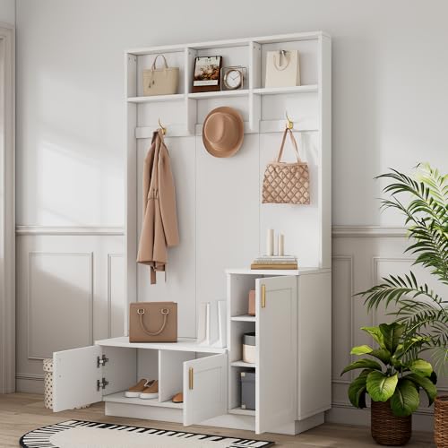 A ALFRESCOOL Garderoben-Set mit Bank und Schuhablage, Aufbewahrungsbank, mit 3 Hängenden Haken & Offenem Stauraum, Rechteckige Aufbewahrung & Regale Garderobe für Flur, 200/B120/T40 cm (Weiß) von A ALFRESCOOL