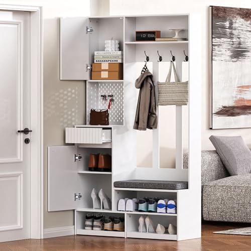 A ALFRESCOOL Garderobenset, Komplett-Set Flurgarderobe mit Sitzbank, 4 Haken, Türen & Schubladen, Kompaktmaße, 100×180×35 cm (Weiß) von A ALFRESCOOL