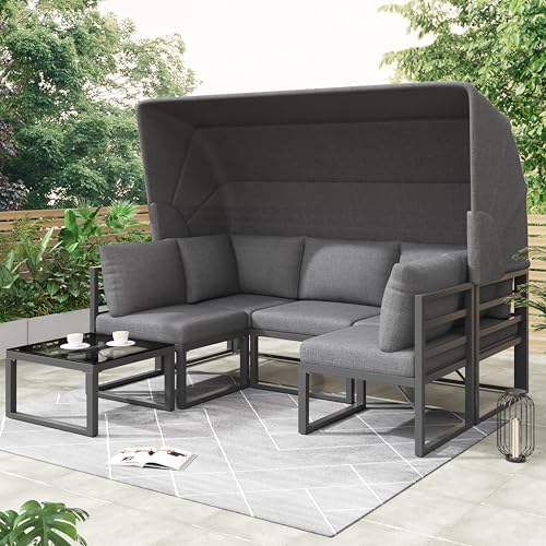 Gartenlounge Outdoor, Gartenlounge-Set, Iron Sunny Island Sitzgruppe Hocker und Tisch mit Markise 4er Set Balkon und Garten Loungemöbel Terrassenmöbel Wetterfest Grau Inkl. Aller Kissen von A ALFRESCOOL