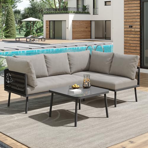 Gartenlounge Gartenmöbel Set 3-TLG für 4 Personen, Sitzgruppe Outdoor mit 2 2er Sofa mit Sitzkissen und 1 Couchtisch mit Gehärtetem Glas Tischplatte, Möbel Outdoor mit Tisch und Sofa, Grau Gartenlounge Gartenmöbel Set 3-TLG für 4 Personen, Sitzgruppe Outdoor mit 2 2er Sofa mit Sitzkissen und 1 Couchtisch mit Gehärtetem Glas Tischplatte, Möbel Outdoor mit Tisch und Sofa, Grau von A ALFRESCOOL