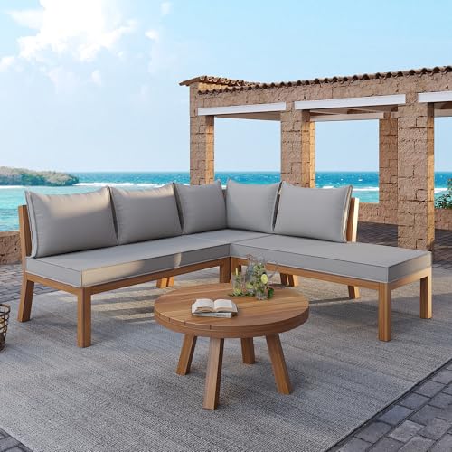 A ALFRESCOOL Gartenlounge Outdoor Gartenmöbel-Set, Akazienrahmen, Akazientischplatte, Dicker Massivholzrahmen, Geeignet für Gärten, Schwimmbäder und Andere Szenen im Freien,Grau von A ALFRESCOOL