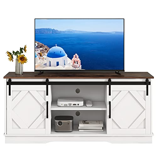 A ALFRESCOOL Großer TV-Schrank TV Stand Sideboard Entertainment Center mit 2 klassischen Schiebetüren Einstellbare Regale für Wohnzimmer Esszimmer Landhaus Modernes Design 150 * 40 * 60cm (Weiß) von A ALFRESCOOL