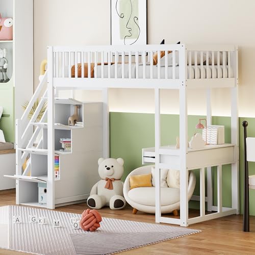 A ALFRESCOOL Hochbett mit Multifunktionstisch, Sicherer Aufbewahrungstreppe, Bettgestell aus Massivem Kiefernholz für Kinder und Jugendliche 90x200cm (Weiß) von A ALFRESCOOL