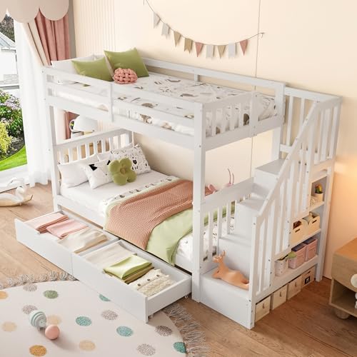A ALFRESCOOL Kinderbett 90x200 Etagenbett Hochbett Jugendbett Stockbett mit Treppenregal & 2 Schubladen Hohes Geländer A ALFRESCOOL Kinderbett 90x200 Etagenbett Hochbett Jugendbett Stockbett mit Treppenregal & 2 Schubladen Hohes Geländer von A ALFRESCOOL