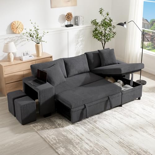 A ALFRESCOOL Klappsofa mit Schlaffunktion, L-förmiges umbaubares Ecksofa mit USB-Ladeanschluss und Kissen, 3-Sitzer-Umbausofa mit Seitenablagen und Stauraum,(Grau) von A ALFRESCOOL