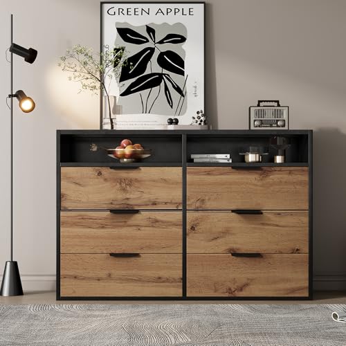 A ALFRESCOOL Kommode Sideboard aus Bernstein Glas, Sideboard mit Metallgriffen, Kommode mit 6 Schubladen und 2 Fächern, kippsicher, 120 x 40 x 80 cm, Eiche von A ALFRESCOOL