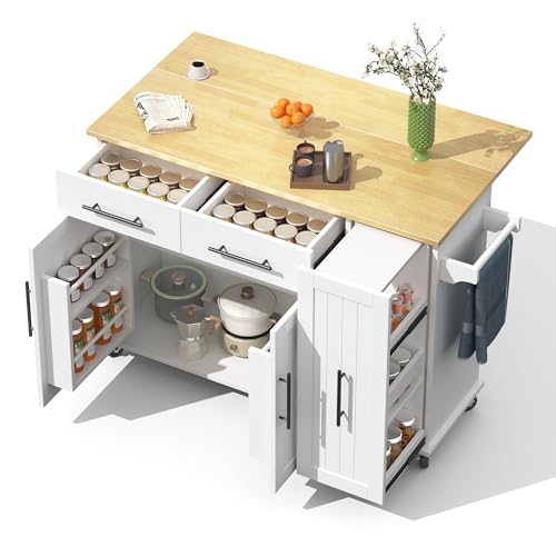 A ALFRESCOOL Kücheninsel mit Drop Leaf, Storage Cart mit 3 Tier Pull Out Cabinet Organizer, Internal Storage Rack, Rolling Cart auf Rädern mit Handtuchhalter & 2 Schubladen für Esszimmer, Weiß von A ALFRESCOOL