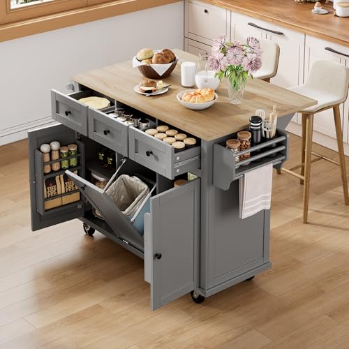 A ALFRESCOOL Kücheninsel mit Rollen, Ausziehbarer Essbereich Küchenschrank mit Abfalleimer und Schubladen, Mobile Speisewagen Ideal für Küche und Esszimmer (Grau) von A ALFRESCOOL